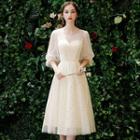 Star Sequin Puff-sleeve Midi Bridesmaid Dress