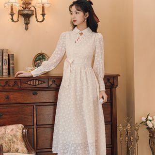 Long-sleeve Frog Button Bow Accent Midi A-line Dress