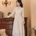 Long-sleeve Frog Button Bow Accent Midi A-line Dress