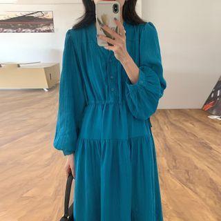 V-neck Drawstring Puff-sleeve Maxi Dress
