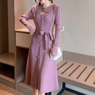 Tie-waist Beaded Knit Midi Dress