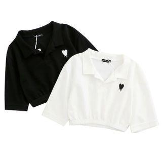 Elbow-sleeve Collared Heart Print Cropped T-shirt