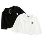 Elbow-sleeve Collared Heart Print Cropped T-shirt