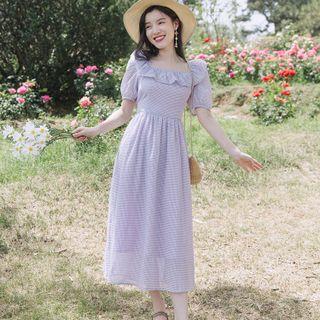 Short-sleeve Plaid Ruffle Midi A-line Dress
