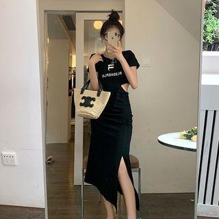 Short-sleeve Lettering Cut Out Midi A-line Dress