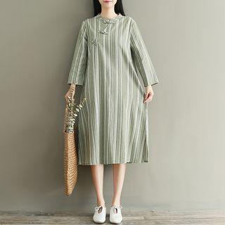 Long-sleeve Striped Midi A-line Dress