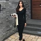 V-neck Midi Sweater Dress Black - One Size