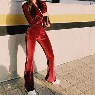 Set: Piped Cropped Velvet Jacket + Boot-cut Pants