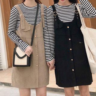 Striped Long-sleeve T-shirt / Buttoned Corduroy Jumper Dress