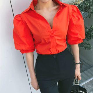 Puff-sleeve Hidden-button Blouse