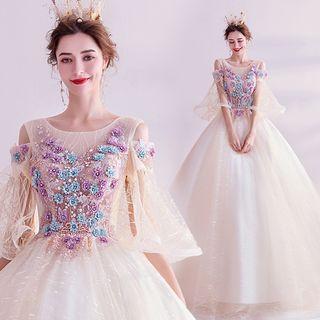 Flower Detail Elbow-sleeve Ball Gown Wedding Dress