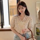 Short-sleeve V-neck Floral Print Lace Shirt Almond - One Size
