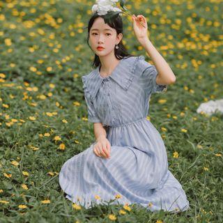 Striped Short-sleeve Midi A-line Collared Dress