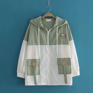 Bear Embroidered Color-block Hood Zip Jacket
