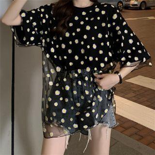 Elbow-sleeve Embroidered Mesh T-shirt