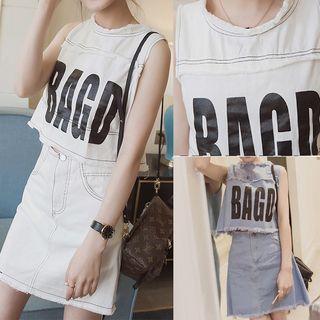 Set: Cropped Lettering Sleeveless Top + A-line Denim Skirt