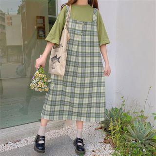 Elbow-sleeve Plain T-shirt / Plaid Midi A-line Overall Dress