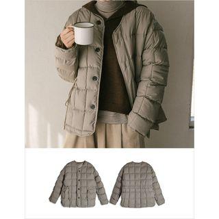 V-neck Buttoned Quilted Jacket Khaki - One Size