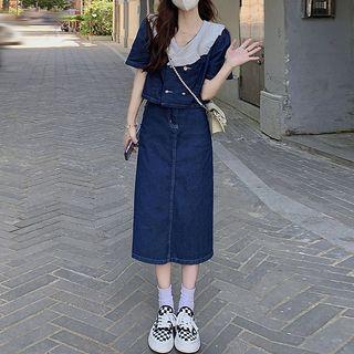 Set: Denim Cropped Blouse + Midi A-line Skirt