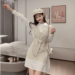 Mock Two-piece Long-sleeve Tweed Paneled A-line Mini Shirt Dress