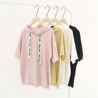 Lettering Drawstring Short-sleeve Hooded T-shirt