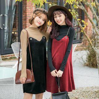 Set: Long-sleeve Top + Chain-strap Suspender Dress