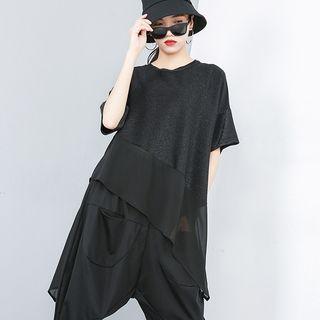 Chiffon Panel Short-sleeve T-shirt Black - One Size
