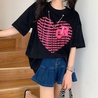 Elbow-sleeve Chain-accent Lettering Print T-shirt