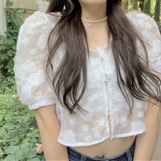 Puff-sleeve Lace Cropped Blouse White - One Size