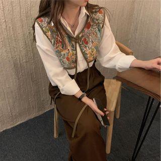 Plain Shirt / Wide-leg Pants / Open-front Cropped Vest
