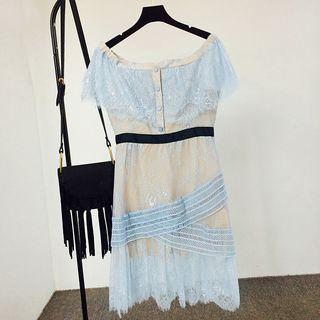 Color Panel Off Shoulder Short Sleeve Lace Dress