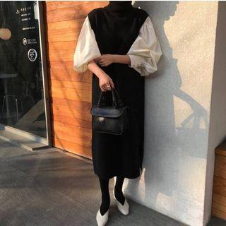 Puff Sleeve Shirt / Turtleneck Knit Midi Dress