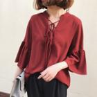 Elbow-sleeve Lace-up Chiffon Blouse