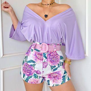 Set: Elbow-sleeve Top + Floral Shorts