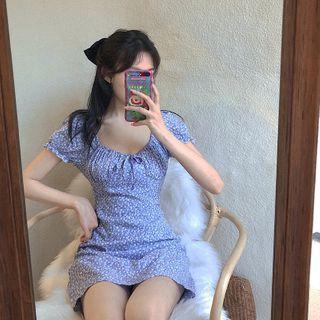 Floral Drawstring Puff-sleeve Mini Dress