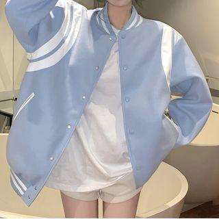 Striped Trim Baseball Jacket Light Blue - One Size