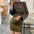Sheer Dotted Mesh Blouse / Tube Mini Bodycon Dress