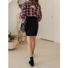 Round-neck 3/4-sleeve Check Blouse