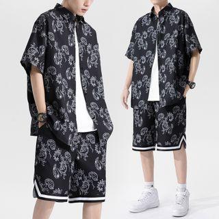 Set: Elbow-sleeve Print Shirt + Shorts + Tank Top