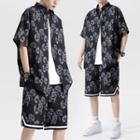 Set: Elbow-sleeve Print Shirt + Shorts + Tank Top