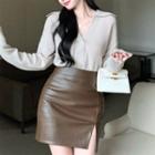 V-neck Plain Top / Faux Leather A-line Mini Skirt