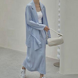 Set: Double-breasted Plain Blazer + Midi Skirt