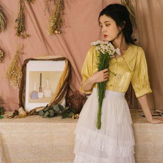 Set: Short-sleeve Blouse + Maxi Layered Skirt