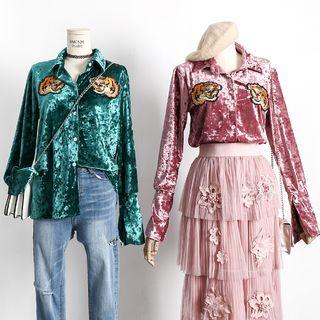 Tiger-embroidered Velvet Blouse