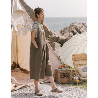 Button-trim Cropped Overall Pants