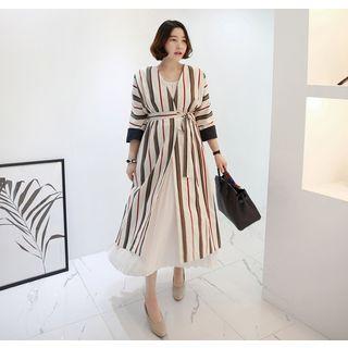Open-front Striped Long Jacket With Sash