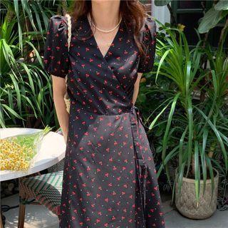 Short-sleeve V-neck Cherry Print Midi A-line Dress Cherry - Black - One Size