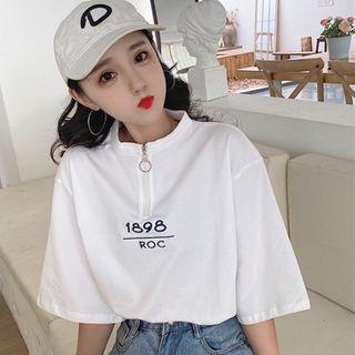 Elbow-sleeve Half Zip Lettering T-shirt