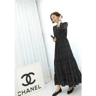 V-neck 3/4-sleeve Polka-dot Maxi Dress