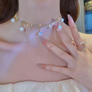 Rhinestone Faux Pearl Alloy Choker White Rhinestone - Gold - One Size